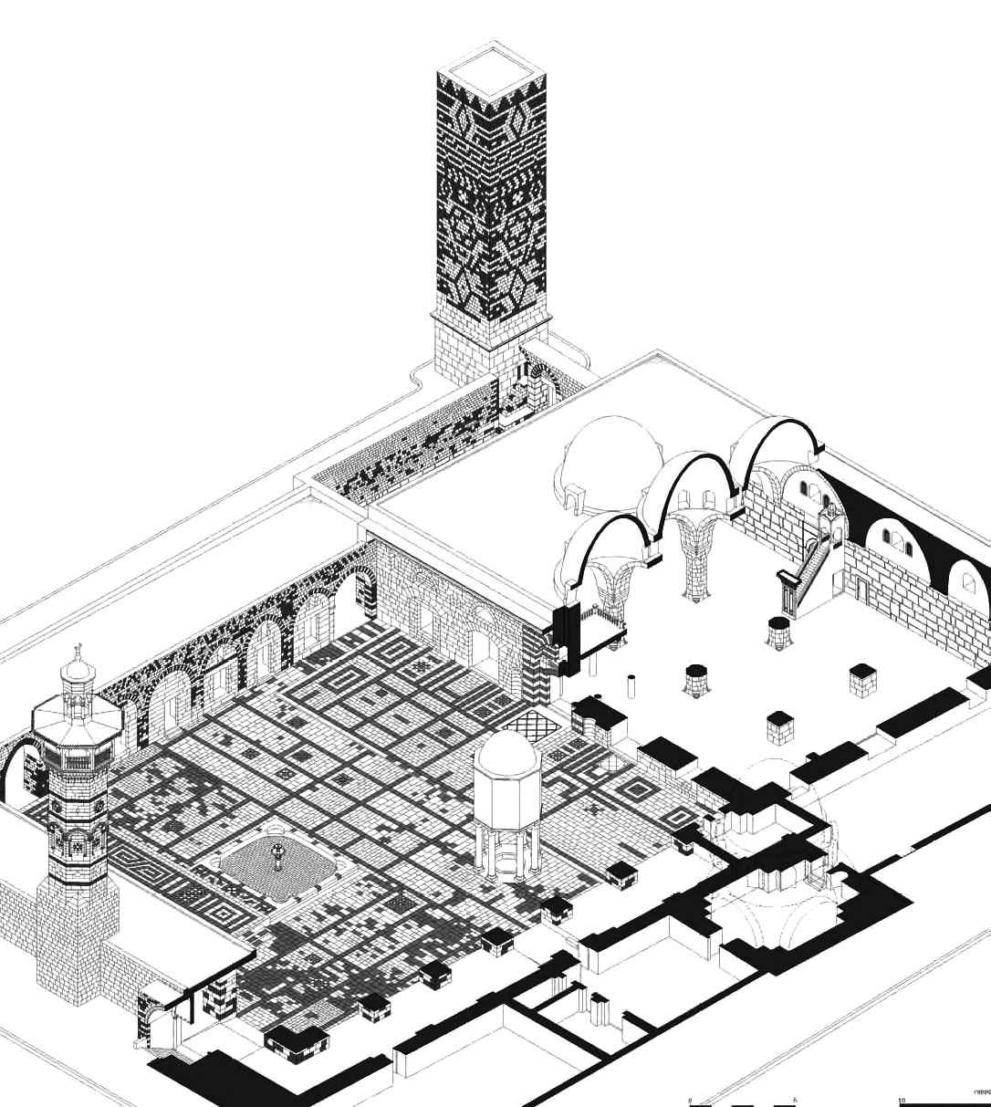3D section in the main prayer-hall [right] and western-arcades [left] of the Upper Mosque in Hama [26].