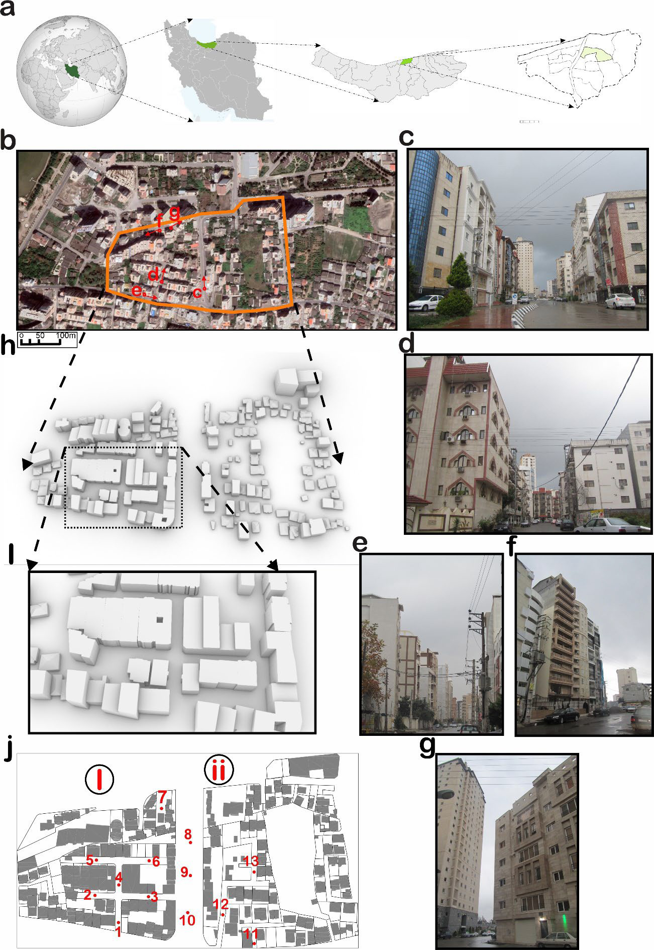 (a) The location of the study area, (b) Aerial view of the case study area and surroundings from West to East. The orange line in (b) indicates the border of the case study area, (h) and (i) Corresponding views of the computational 3D model, (c) Street view from South to North direction (d) Street view from the middle of the study area taken from point 1 on (j) from South to North direction. (e), (f) and (g) Street view from West to East taken from a high rise building south of the case study area, (j) Plan view of the area and location of measurement points.