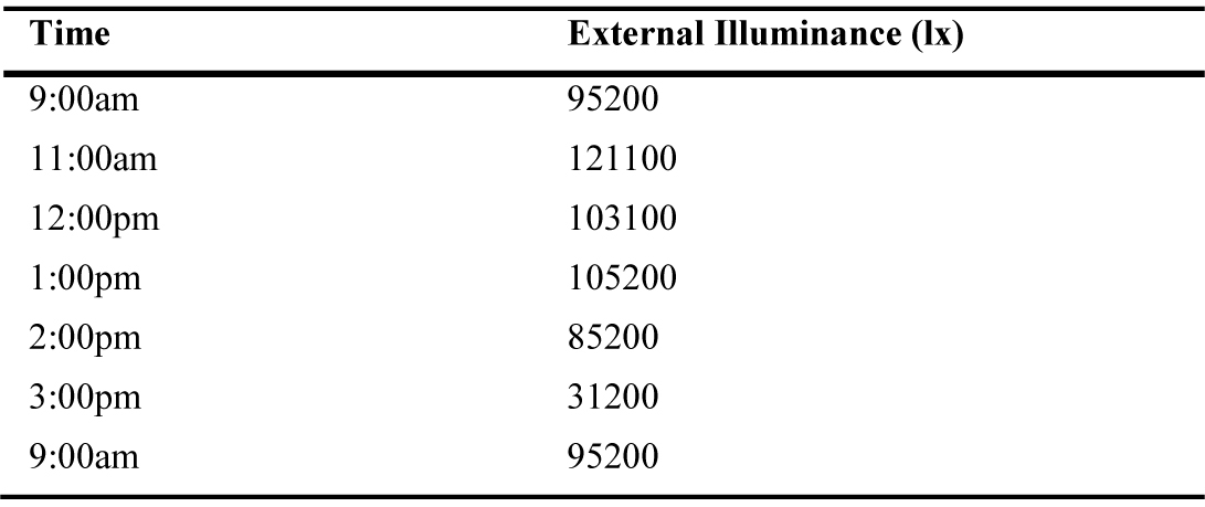 Outdoor Illuminance measured at each hour reflecting a typical CIE intermediate sky condition of hazy variant to clear sky conditions.