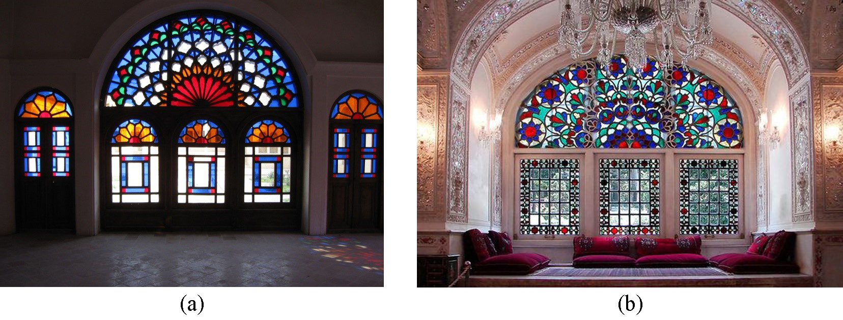 Orosi window in Iranian traditional architecture (a) Tabatabaei House [14] and (b) Saheb Gharanieh Palace [15].