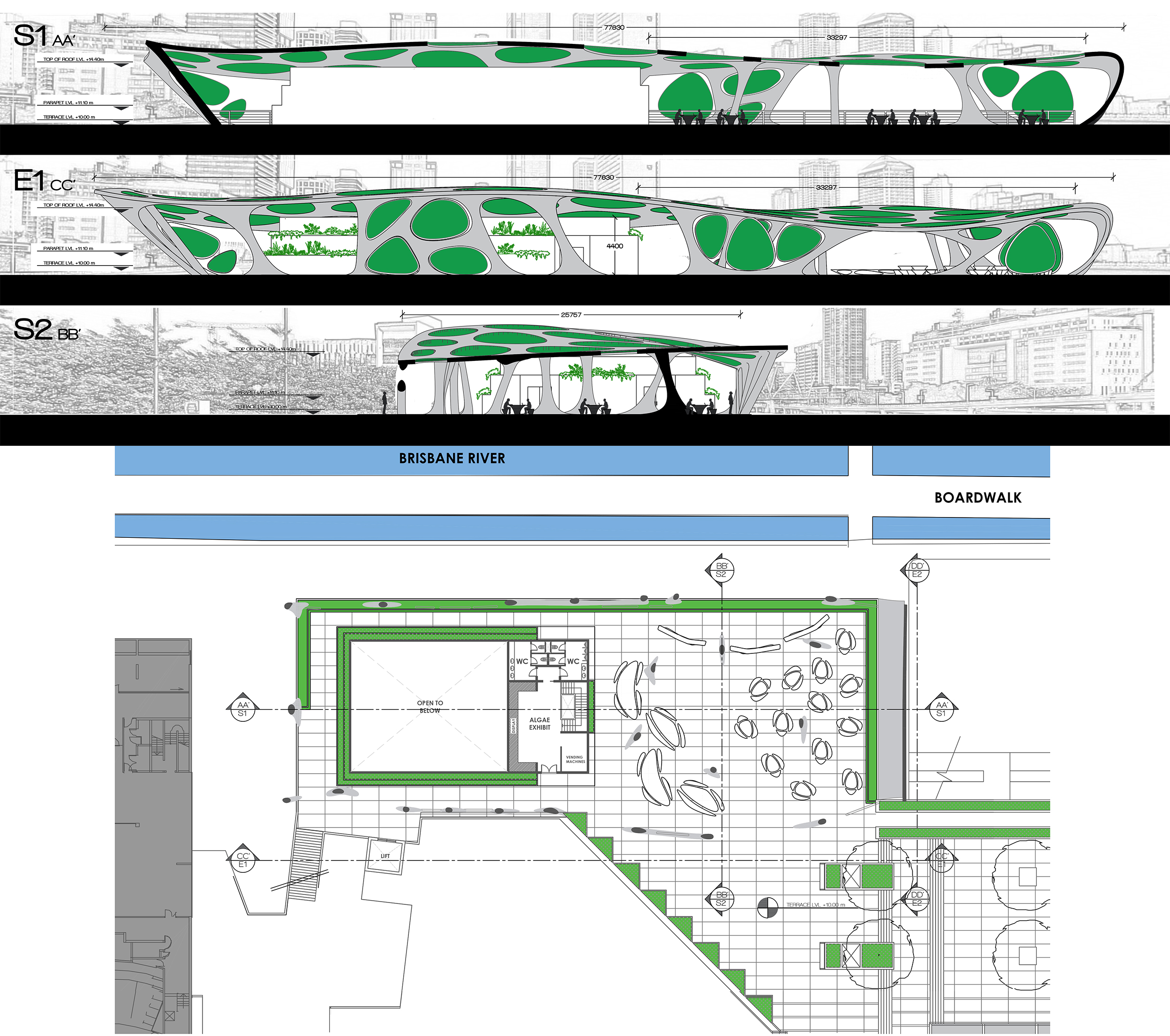 Plan view, sections, and elevations of the edge’s rooftop terrace with the addition of the algae PBRs.