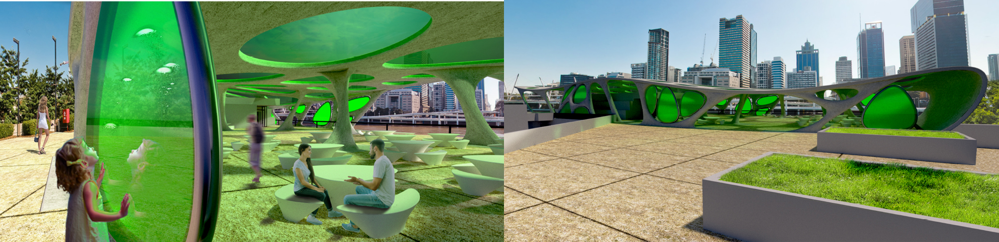 Renderings of the rooftop terrace area with the algae PBR.