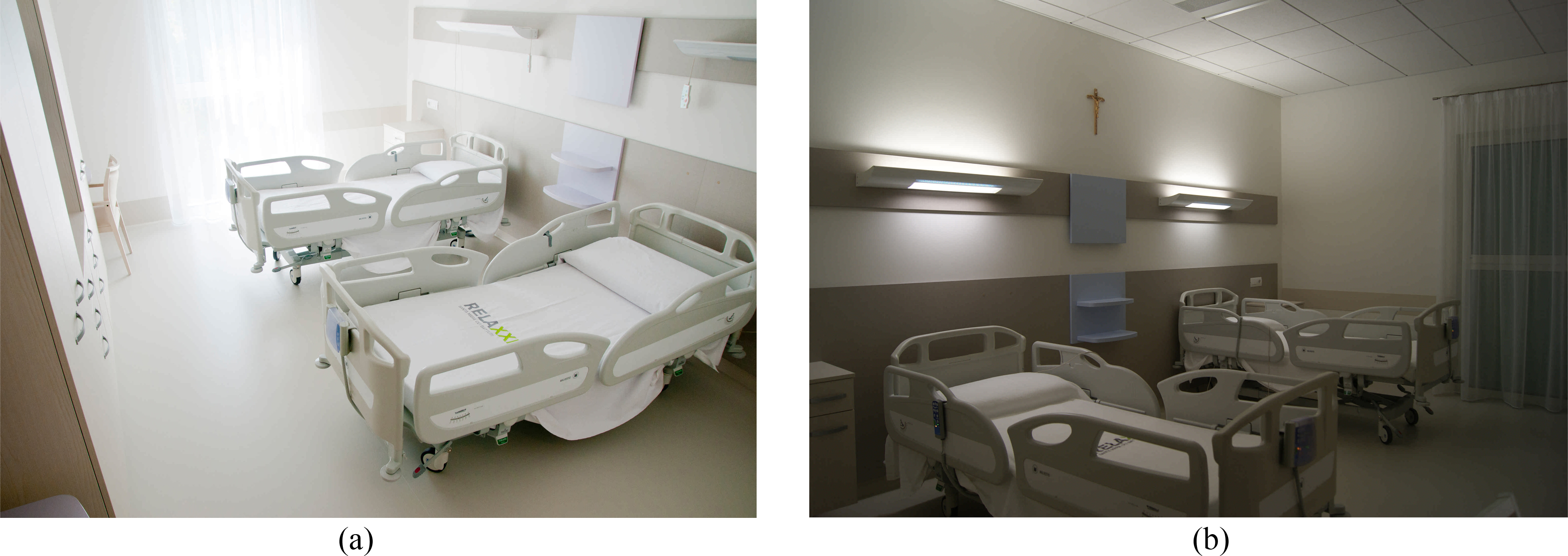Patient room at current state, (a) during daylight and (b) in artificial light conditions.