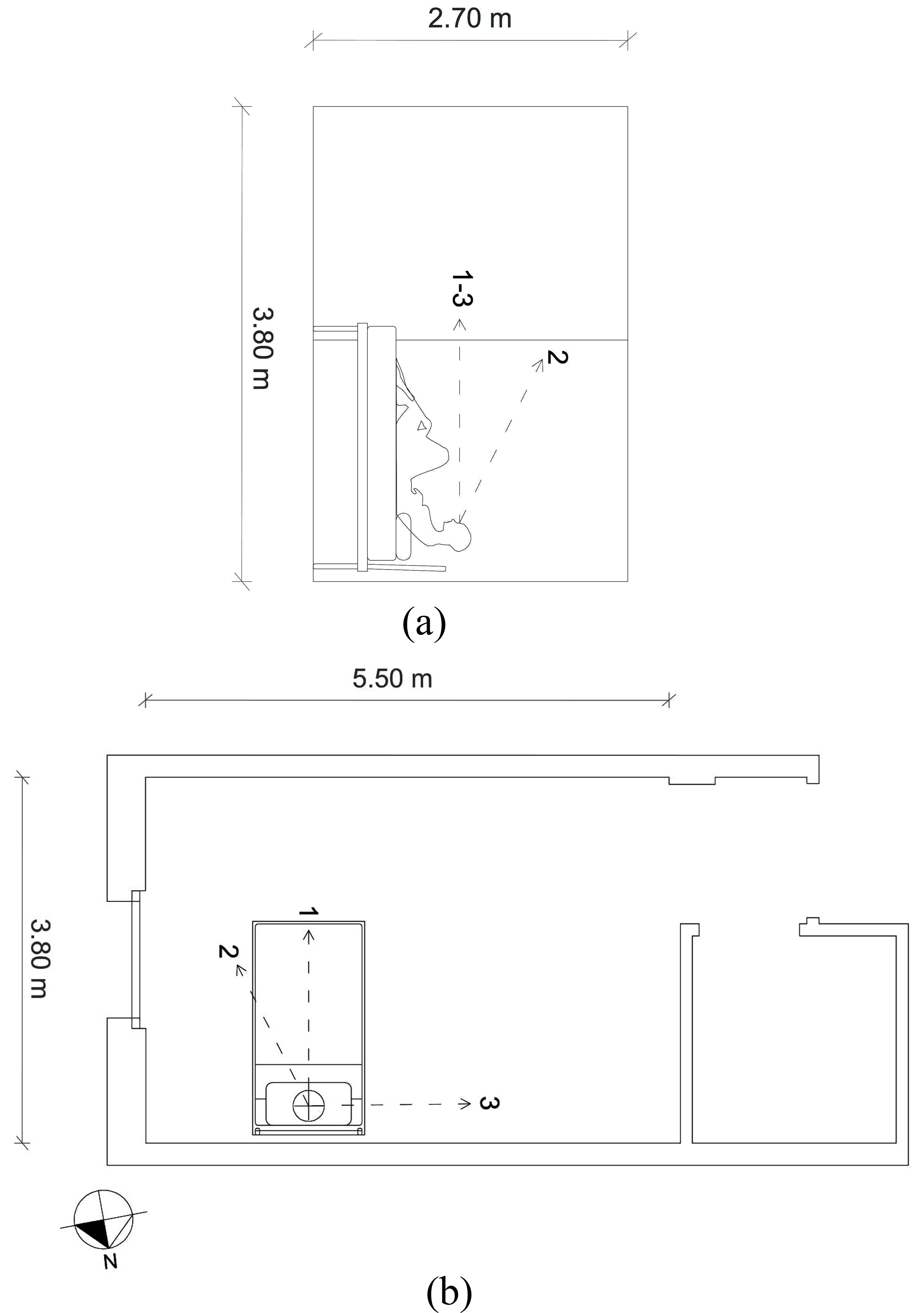 Graphical drawings for Patient room: (a) section and (b) plan with allocation and placement of points of view for camera for simulation output.