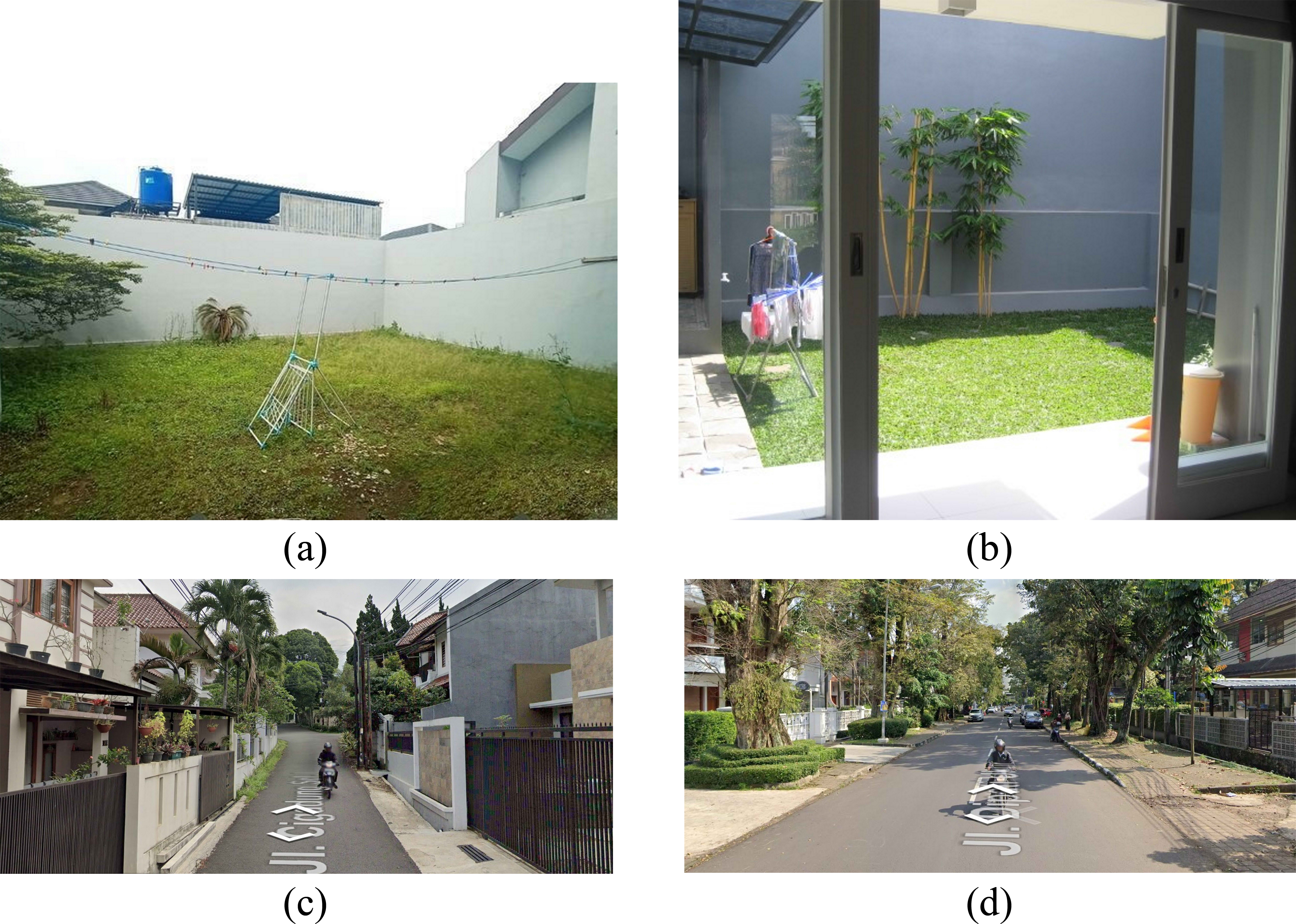 Real images examples of (a) courtyard with h ≈ 3 m (source: https://www.jualo.com), (b) courtyard with h ≈ 6 m (source: https://rumahdijual.com), (c) street canyon with w ≈ 5 m (source: https://www.instantstreetview.com, © 2020 Google), (d) street canyon with w ≈ 10 m (source: https://www.instantstreetview.com, © 2020 Google), in the urban area of the city of Bandung.