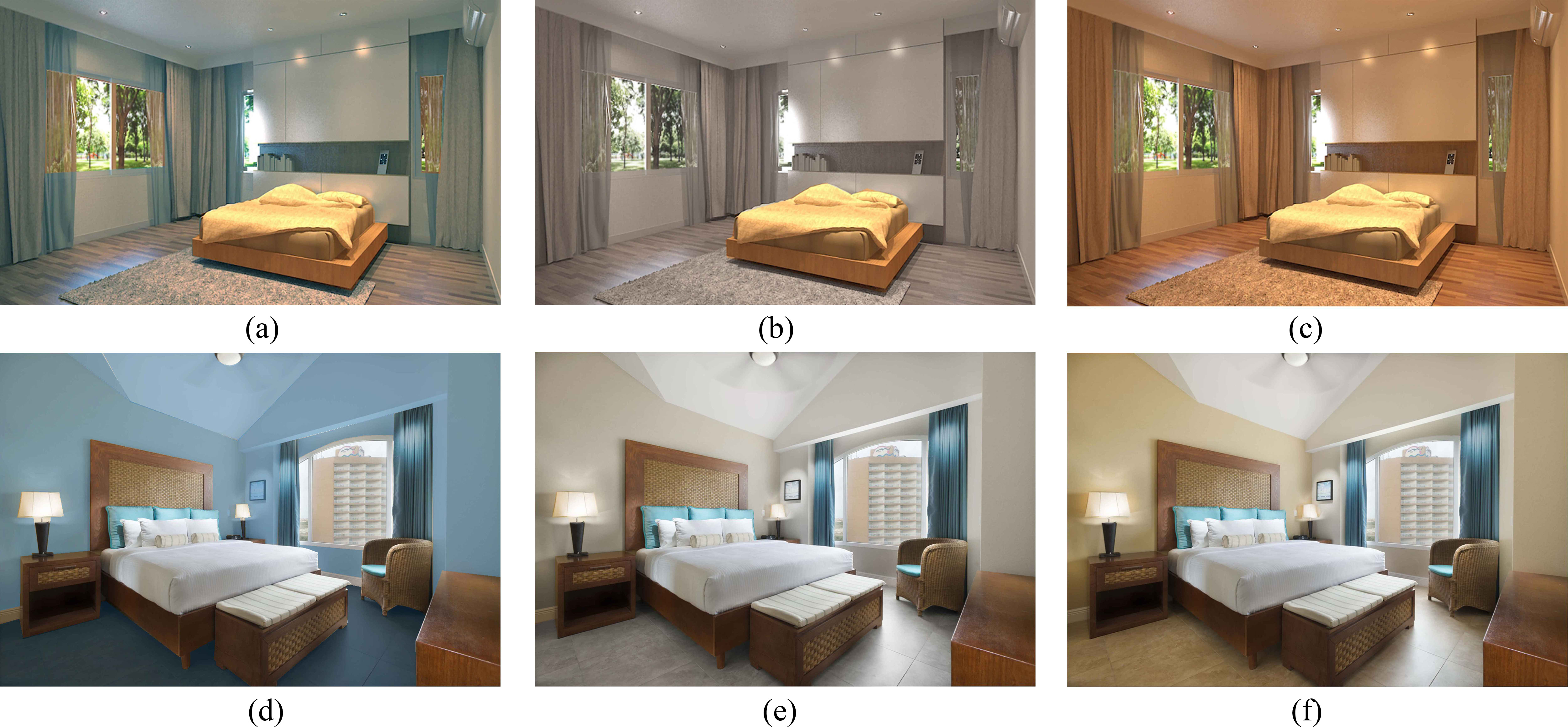 Examples of the test images in the first part. The effect of CCT (a) cool (6,500 K), (b) white (4,000 K), (c) warm (2,800 K). The effect of the room colour: (d) cool colour tone room surface, (e) white colour tone room surface, and (f) warm colour tone room surface.