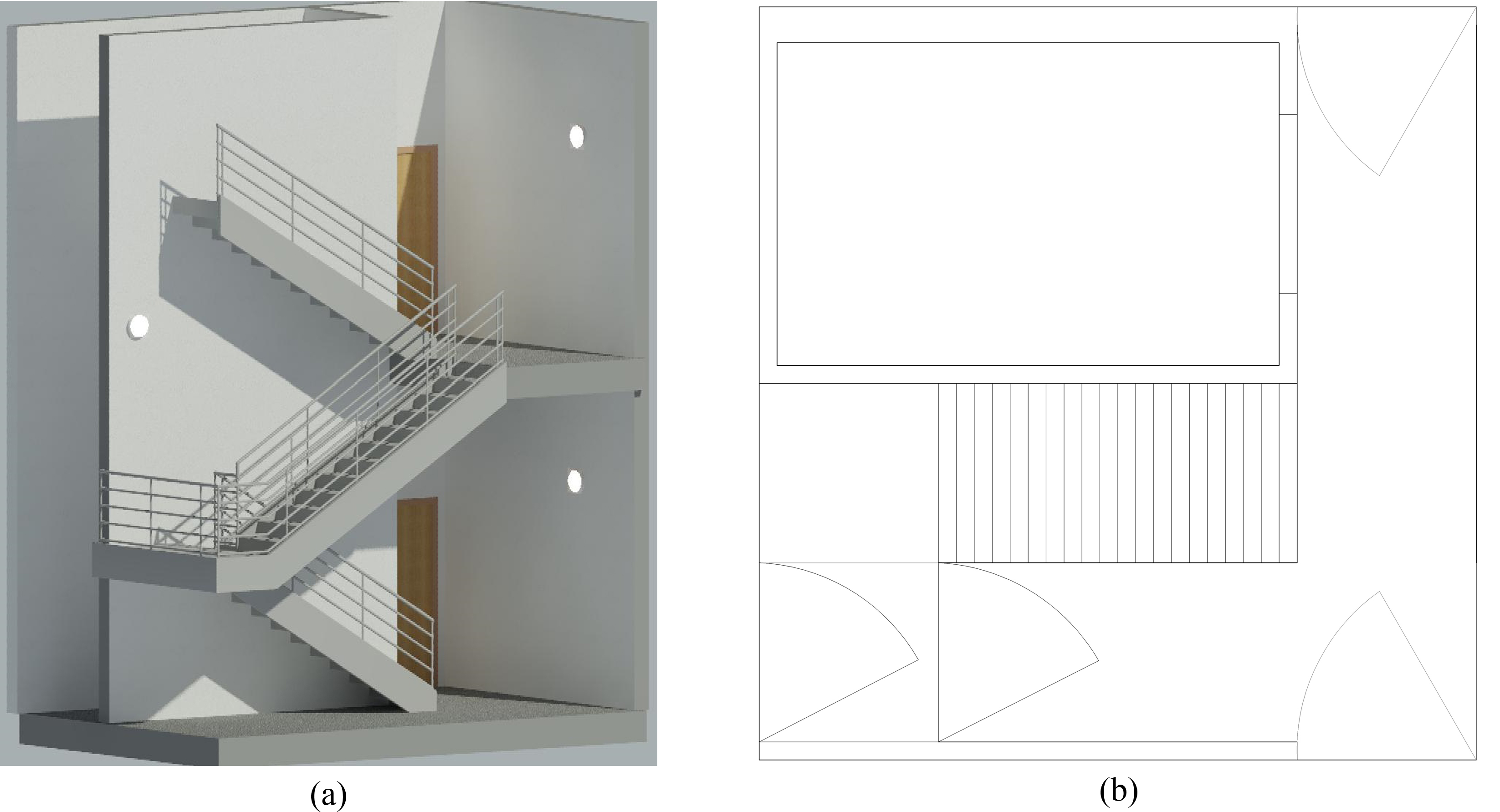 (a) Visual image of a typical stairwell and (b) the first floor stairwells plan.