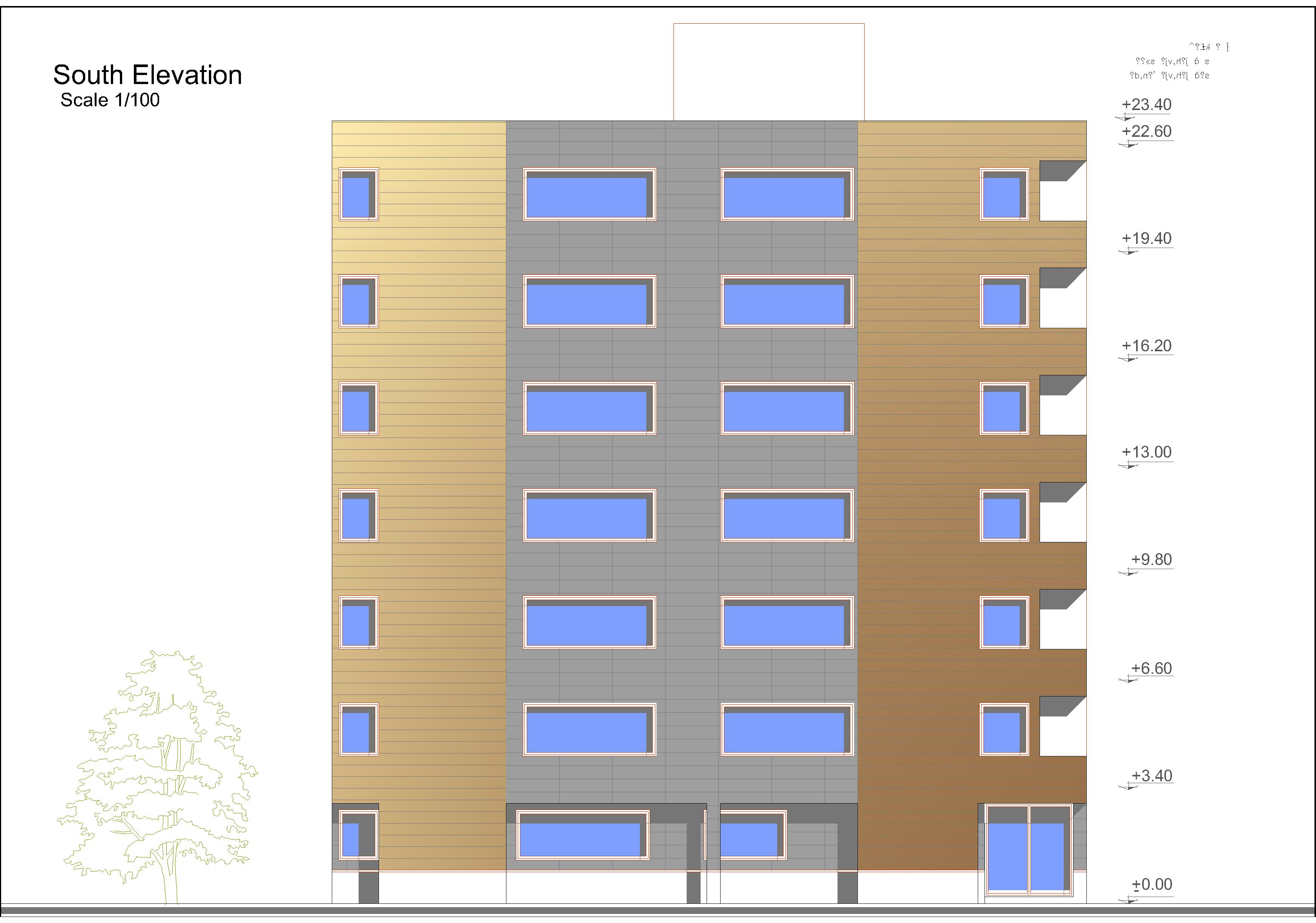 Red line shows the southward-facing façades of this flat where shading panels will be added.