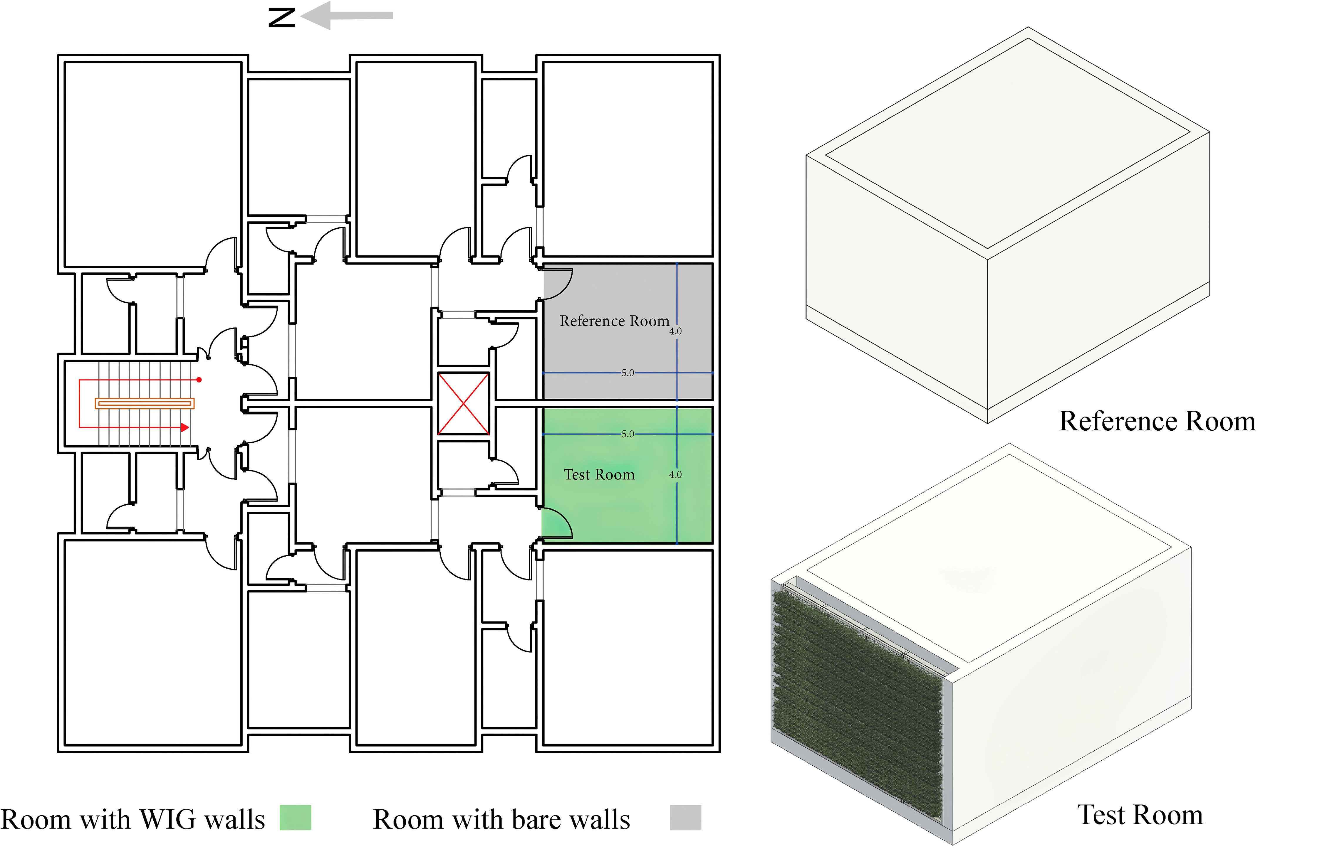 Typical layout of third floor of residential building under study and the test rooms.